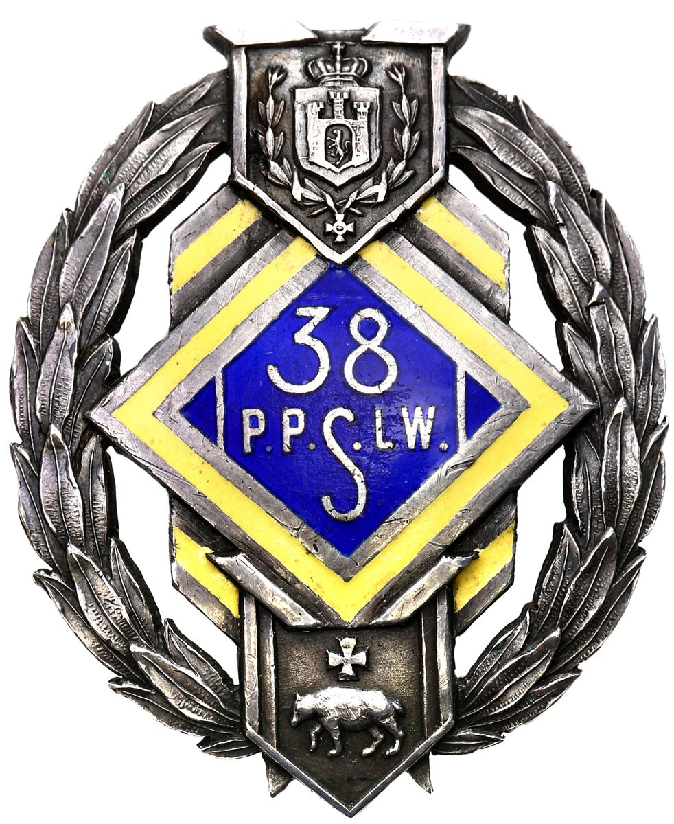 II RP. Odznaka pamiątkowa 38 Pułku Piechoty Strzelców Lwowskich , srebro - RZADKOŚĆ